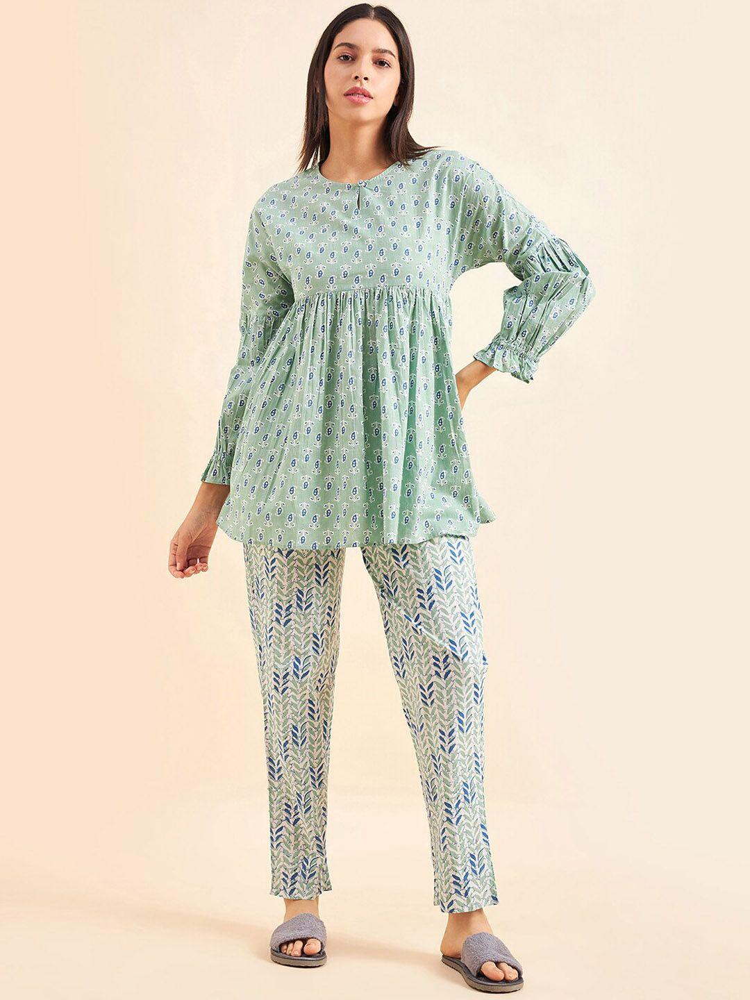 sweet-dreams-sea-green-&-blue-printed-pure-cotton-a-line-top-&-trousers