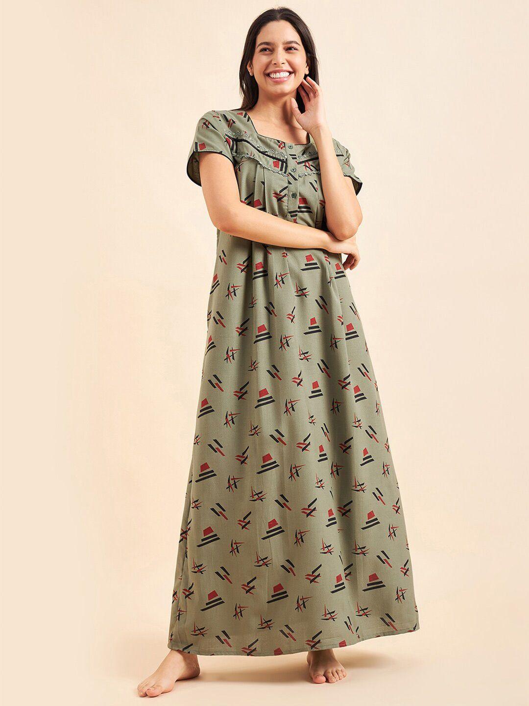 sweet-dreams-green-&-black-geoemtric-printed-maxi-pure-cotton-nightdress