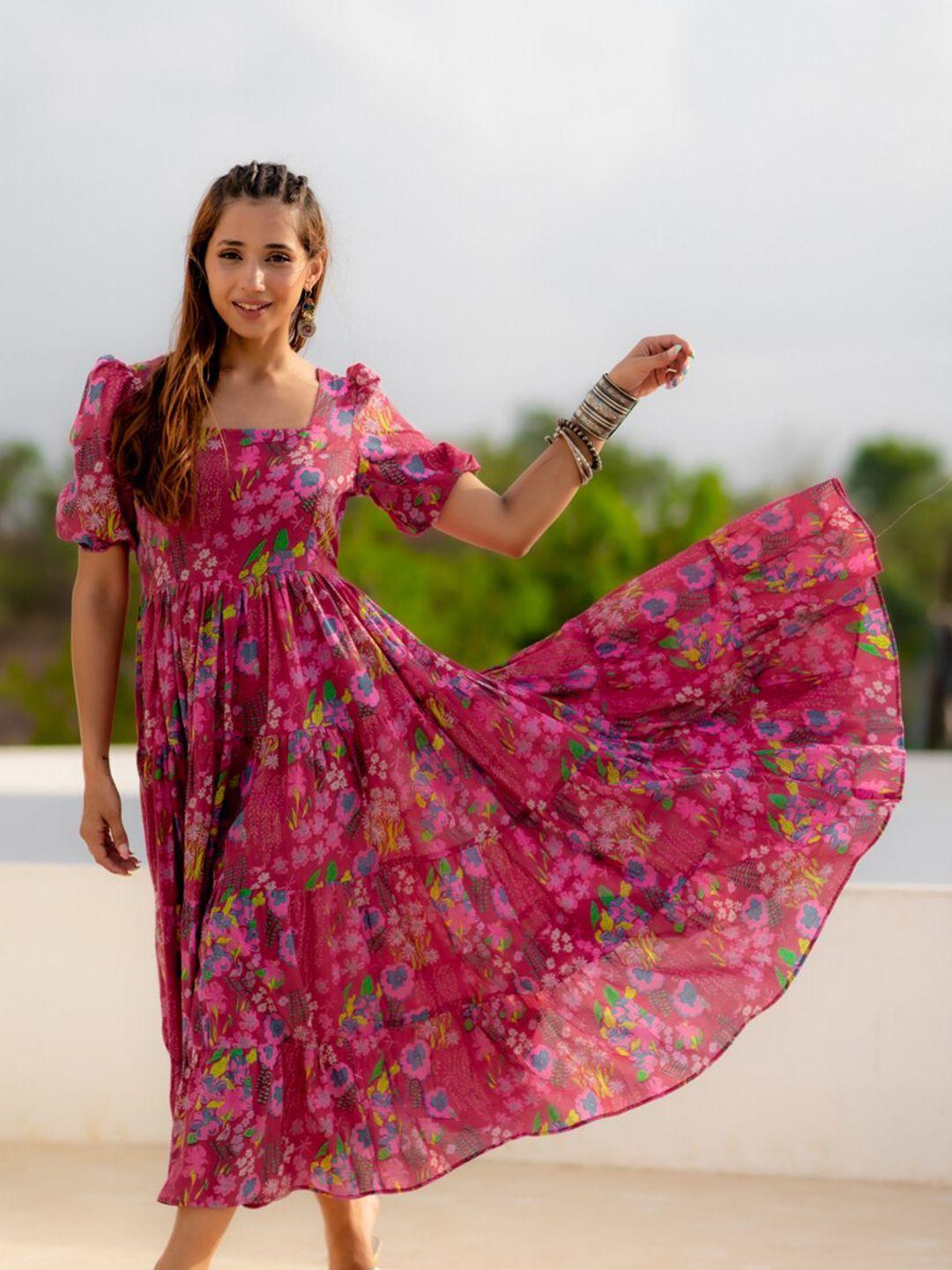 ambraee-floral-printed-square-neck-puff-sleeves-tiered-organic-cotton-fit-&-flare-dress