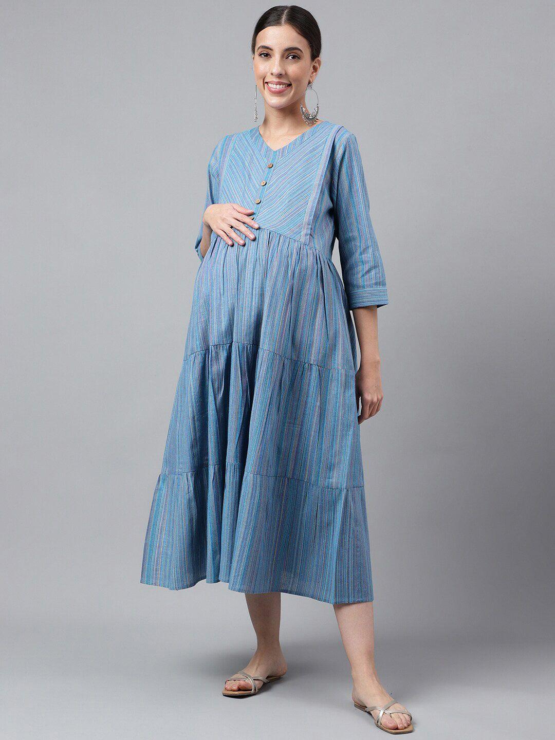 negen-maternity-striped-printed-gathered-&-pleated-tiered-cotton-fit-&-flare-midi-dress