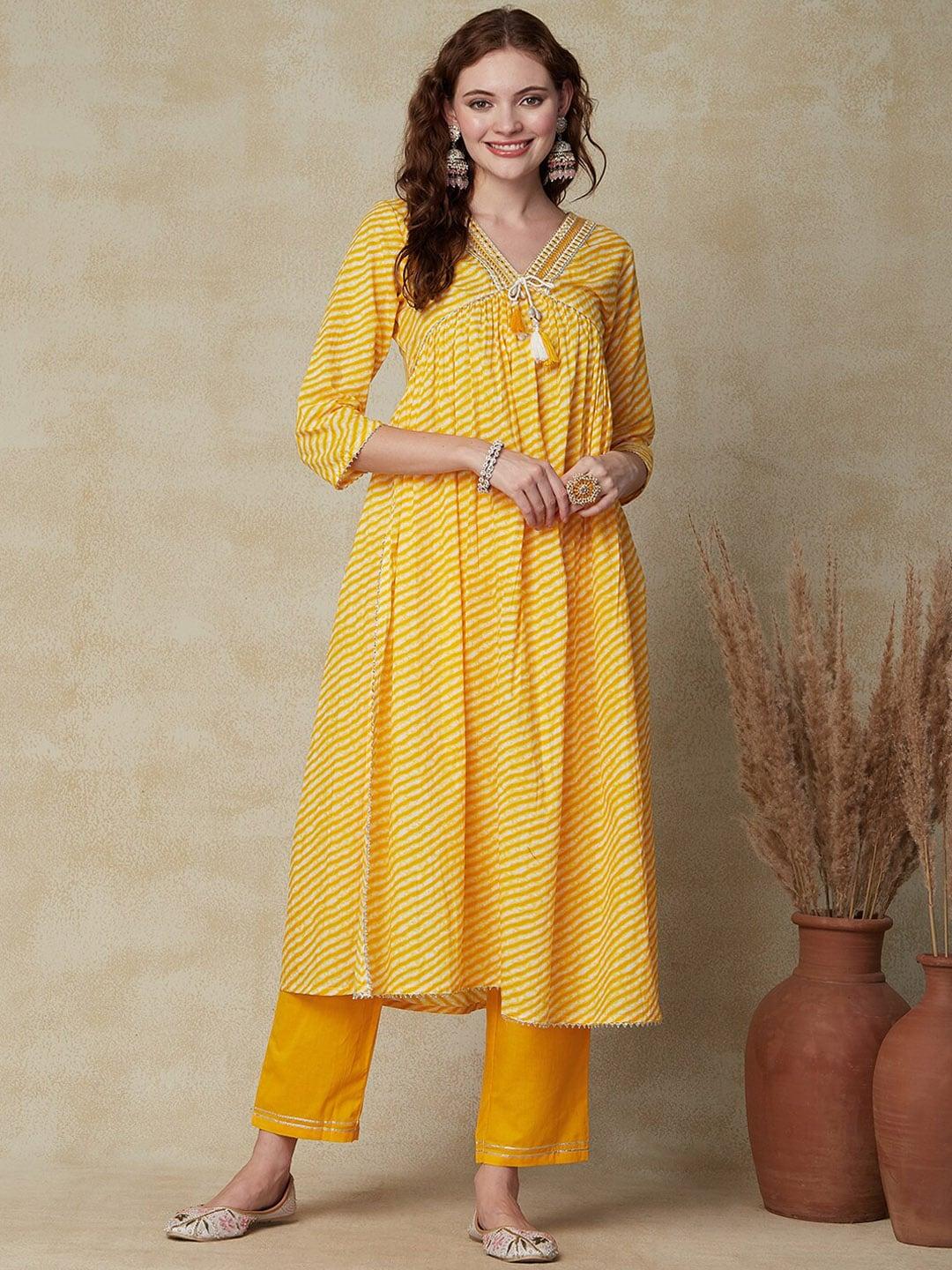 fashor-yellow-leheriya-striped-empire-gotta-patti-pure-cotton-a-line-kurta-with-trousers