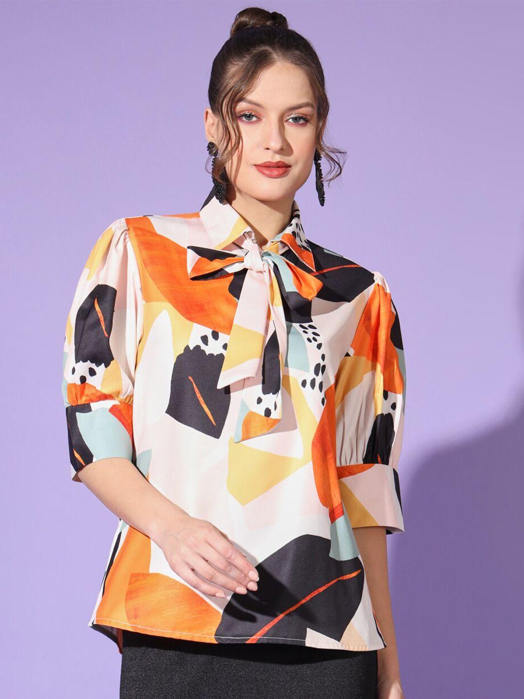 angloindu-abstract-printed-tie-up-neck-cuffed-sleeves-top