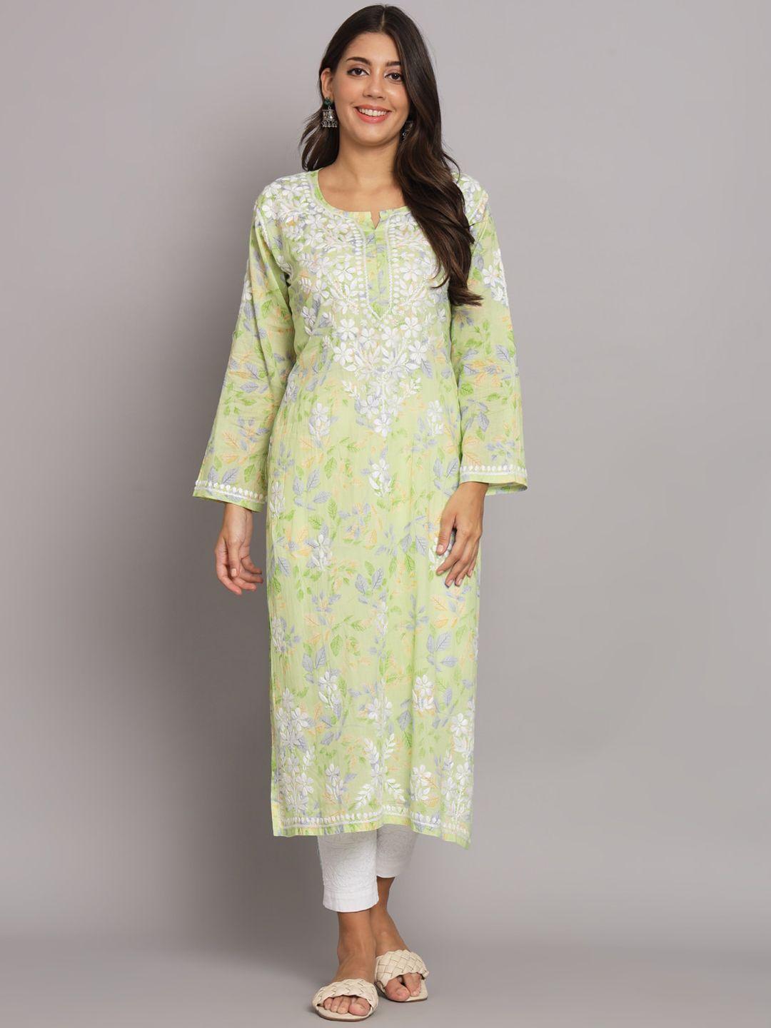 paramount-chikan-women-green-floral-embroidered-flared-sleeves-chikankari-floral-kurta