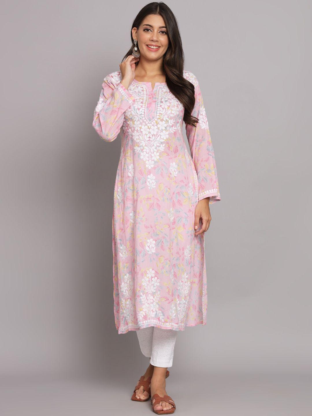 paramount-chikan-women-pink-floral-printed-flared-sleeves-thread-work-floral-kurta