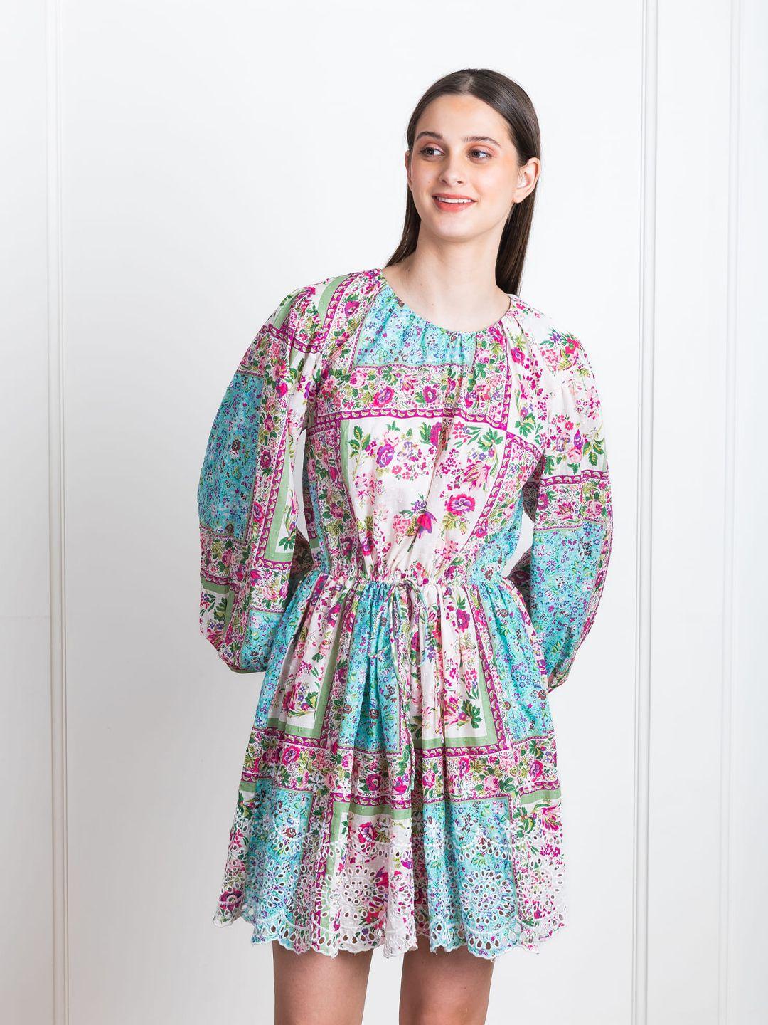 eleven.o.one-floral-printed-puff-sleeves-cotton-fit-&-flare-dress