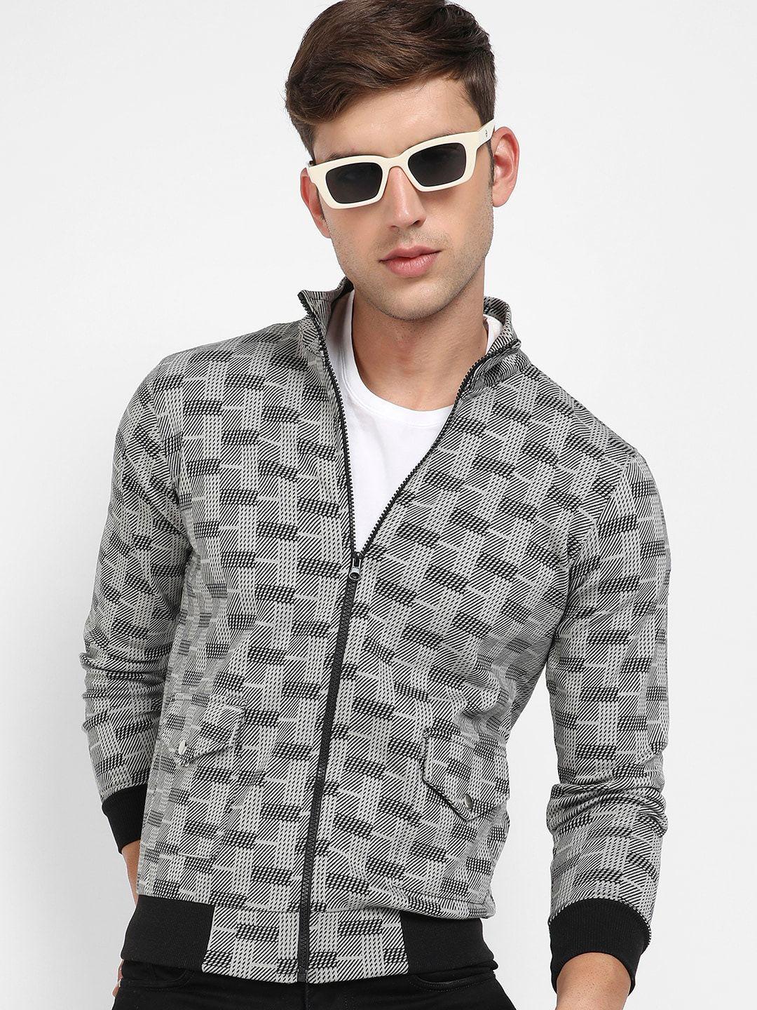 campus-sutra-grey-windcheater-checked-mock-collar-cotton-bomber-jacket