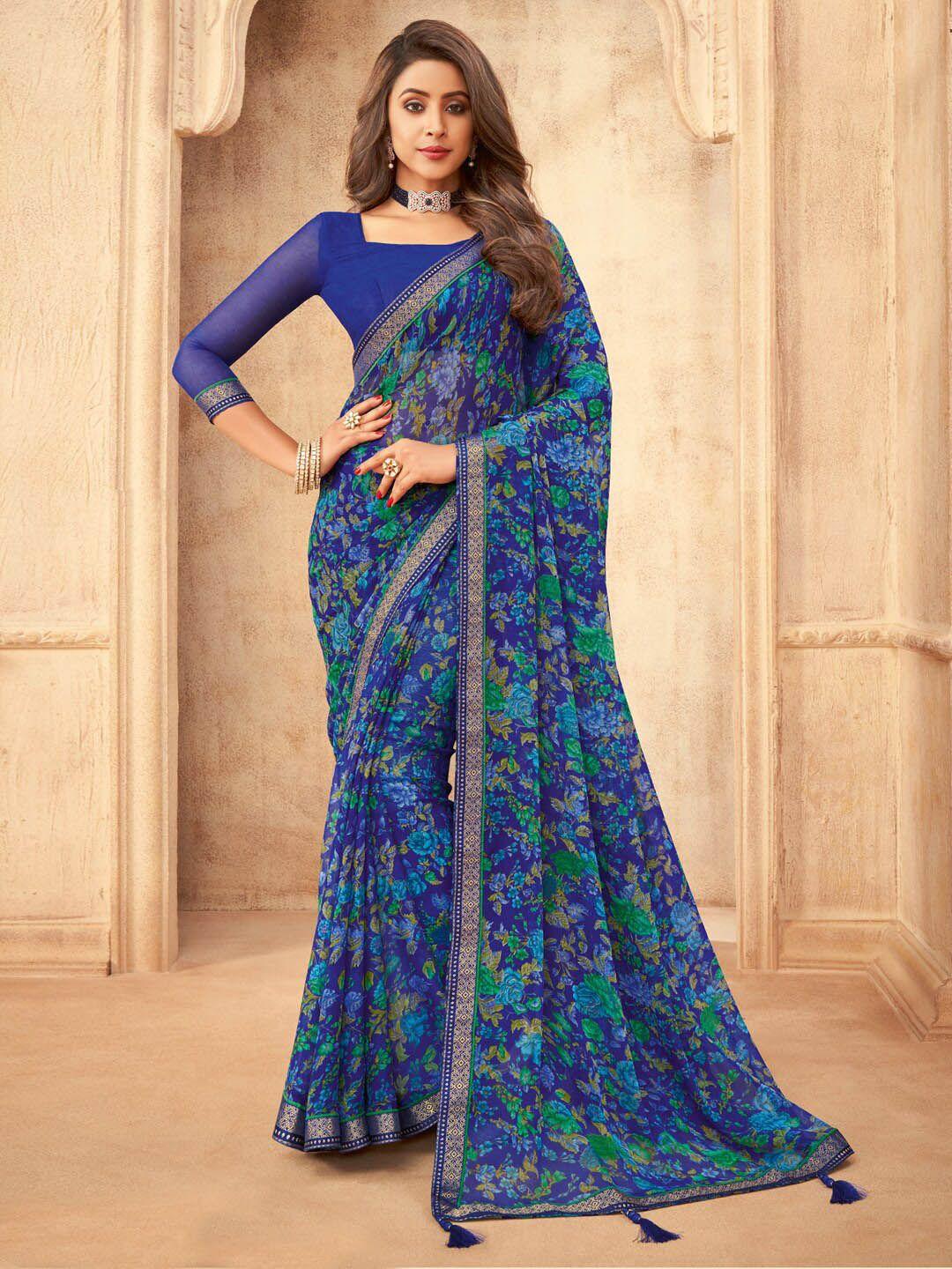 anouk-blue-&-green-floral-printed-zari-pure-chiffon-bagru-saree