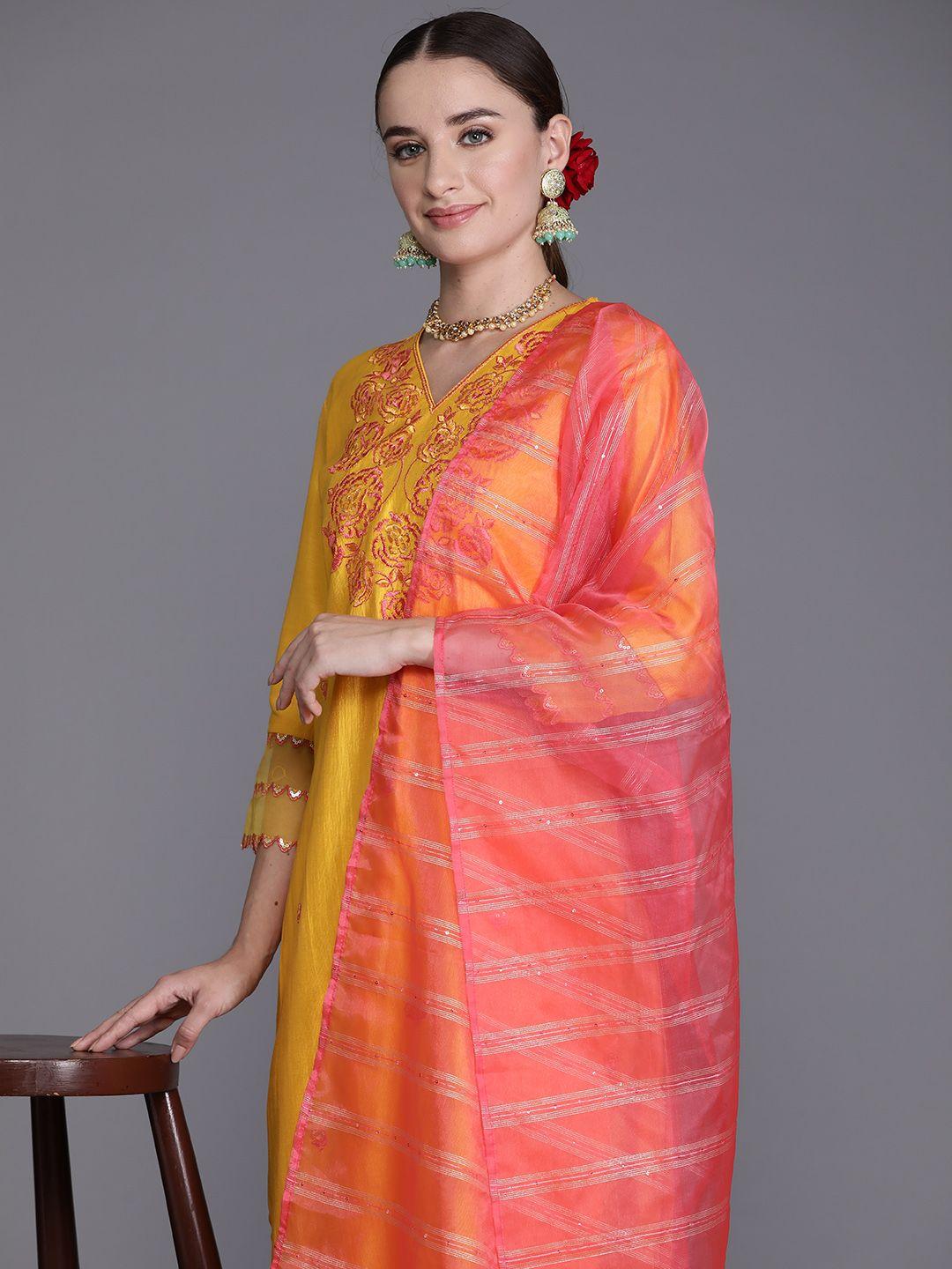 indo-era-women-floral-embroidered-thread-work-liva-kurta-with-trousers-&-with-dupatta