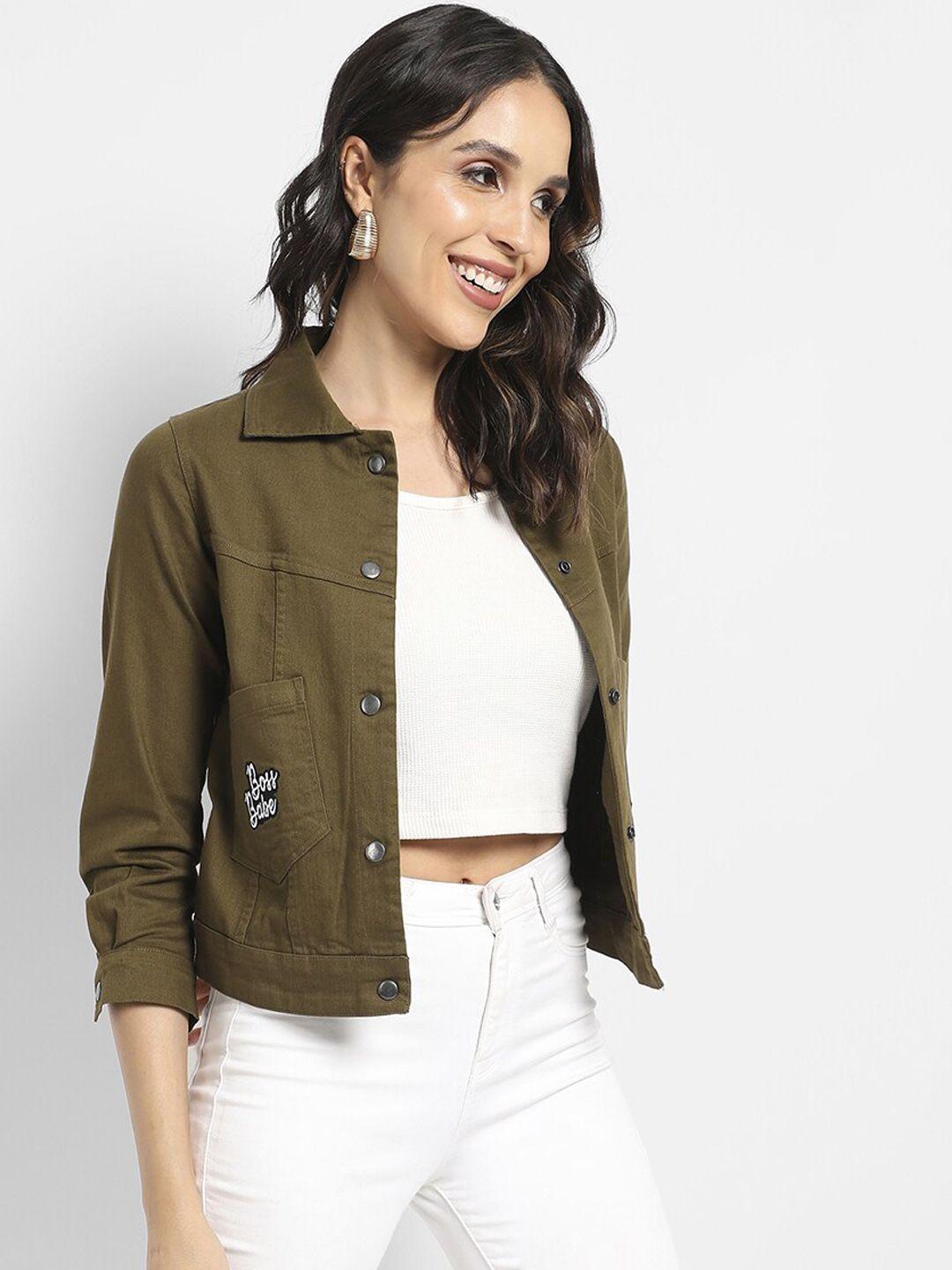campus-sutra-women-olive-green-windcheater-crop-outdoor-bomber-with-patchwork-jacket