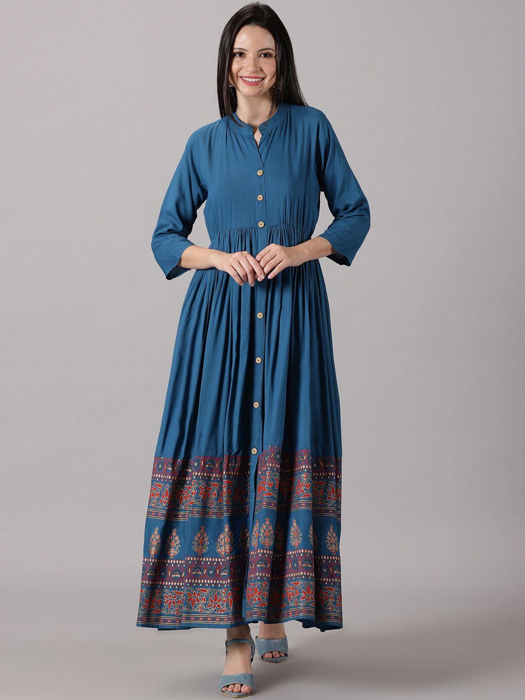 dressar-ethnic-motifs-printed-mandarin-collar-gathered-detail-a-line-ethnic-dress