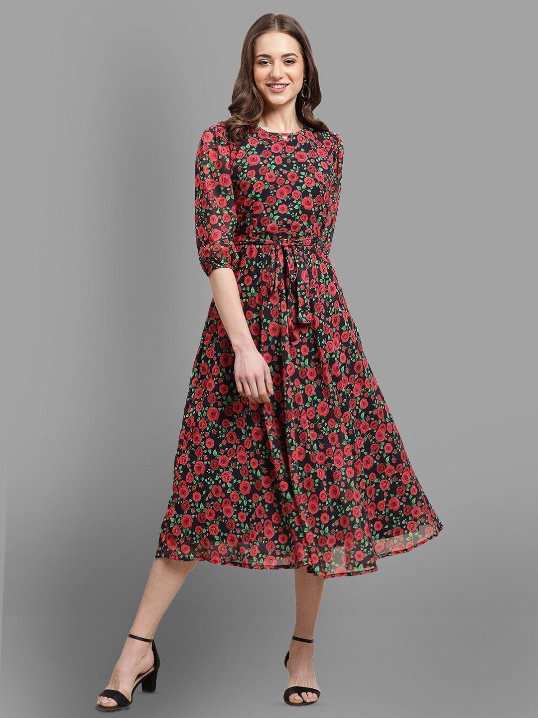 baesd-floral-print-round-neck-puff-sleeve-fit-&-flare-midi-dress