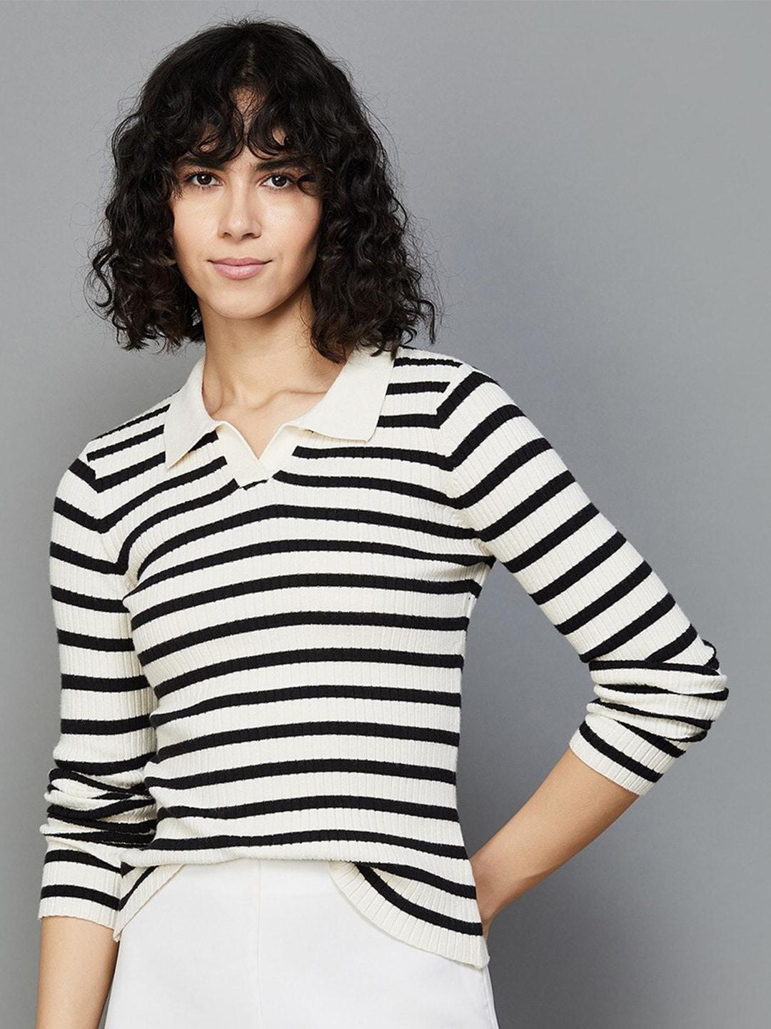 fame-forever-by-lifestyle-horizontal-striped-shirt-collar-fitted-pure-cotton-top