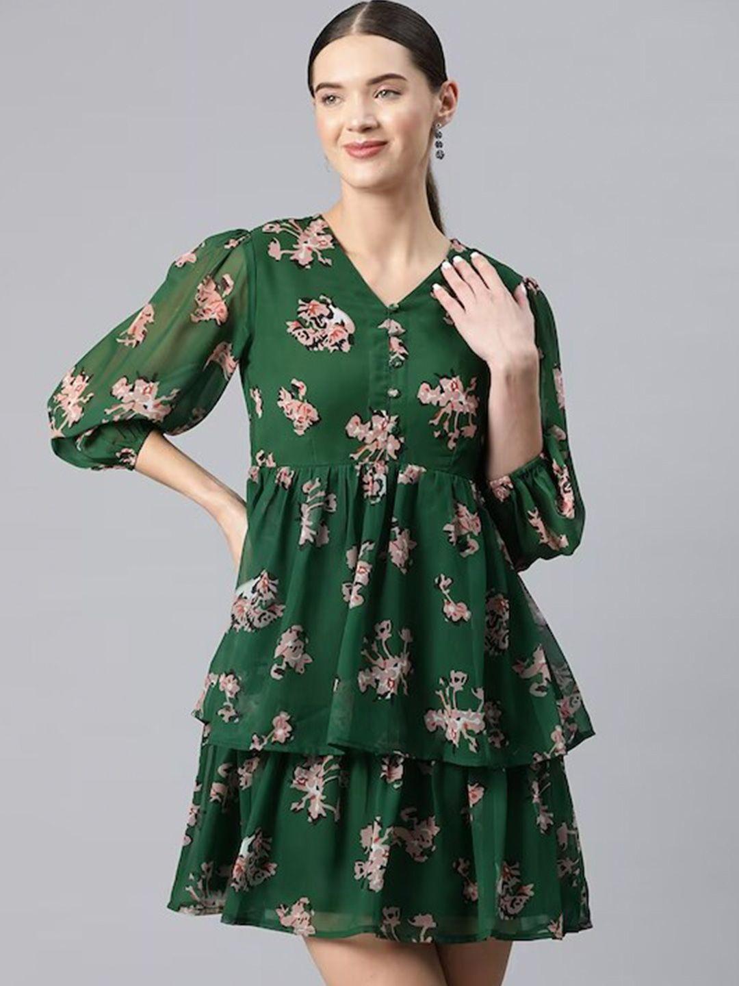 kalini-green-floral-print-puff-sleeve-crepe-fit-&-flare-dress