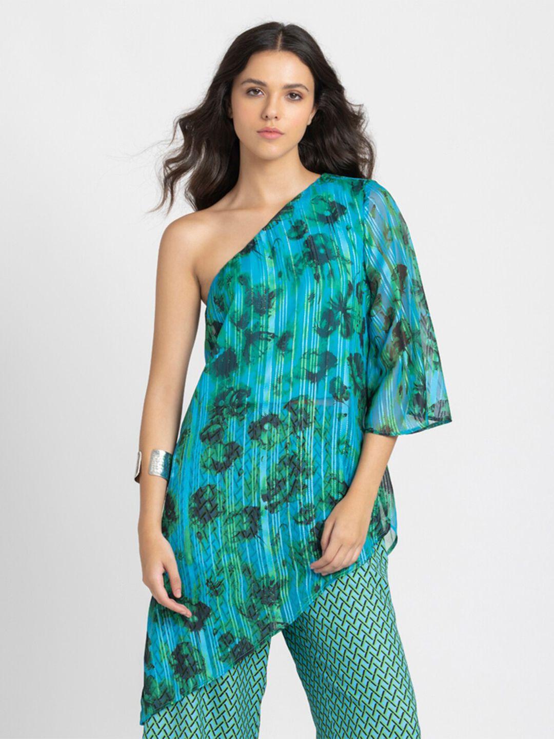 shaye-blue-&-green-floral-printed-cold-shoulder-sleeves-kurti