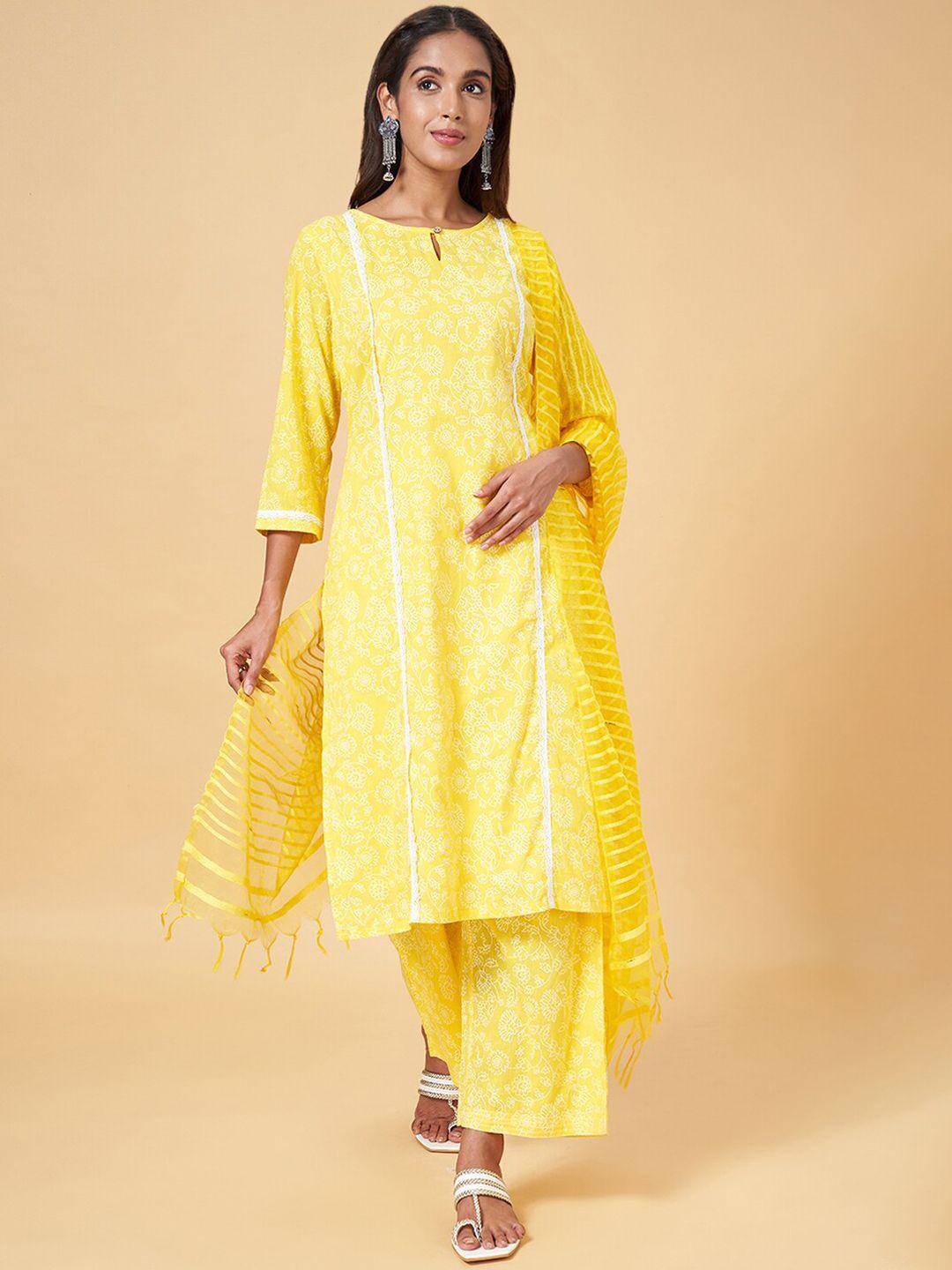 yu-by-pantaloons-floral-printed-pure-cotton-kurta-&-trousers-with-dupatta