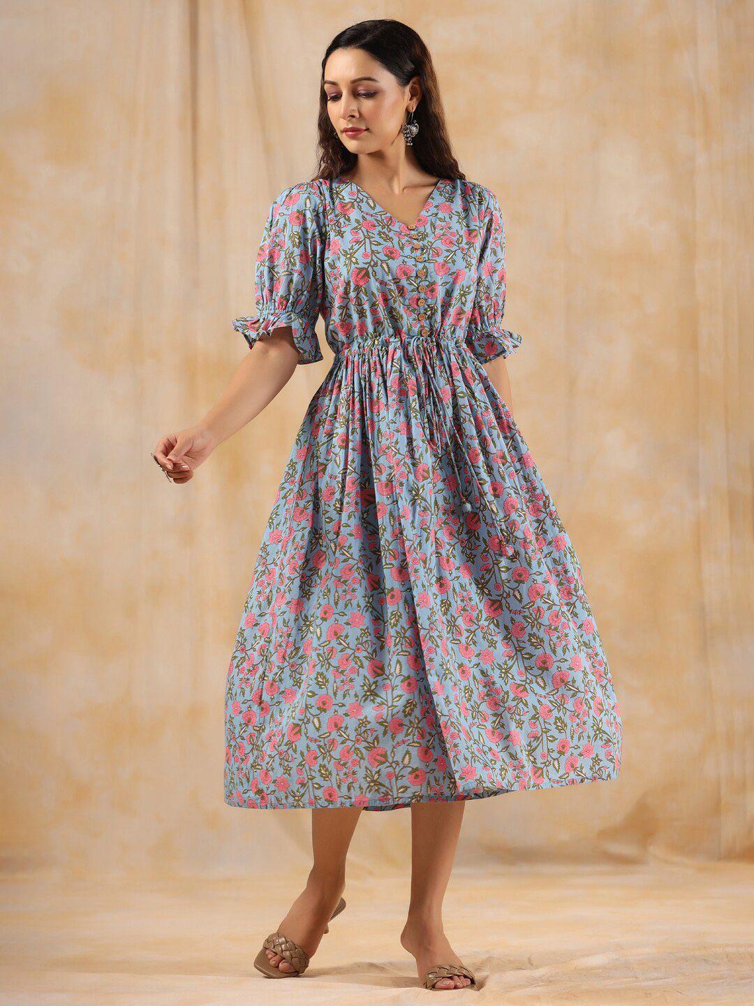 jaipur-kurti-floral-printed-a-line-midi-cotton-dress