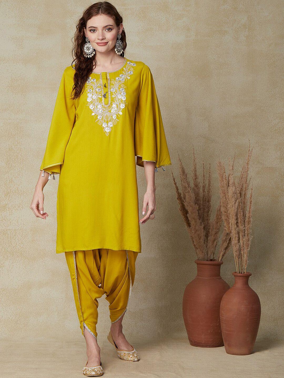 fashor-floral-yoke-design-flared-sleeves-thread-work-straight-kurta-with-dhoti-pants
