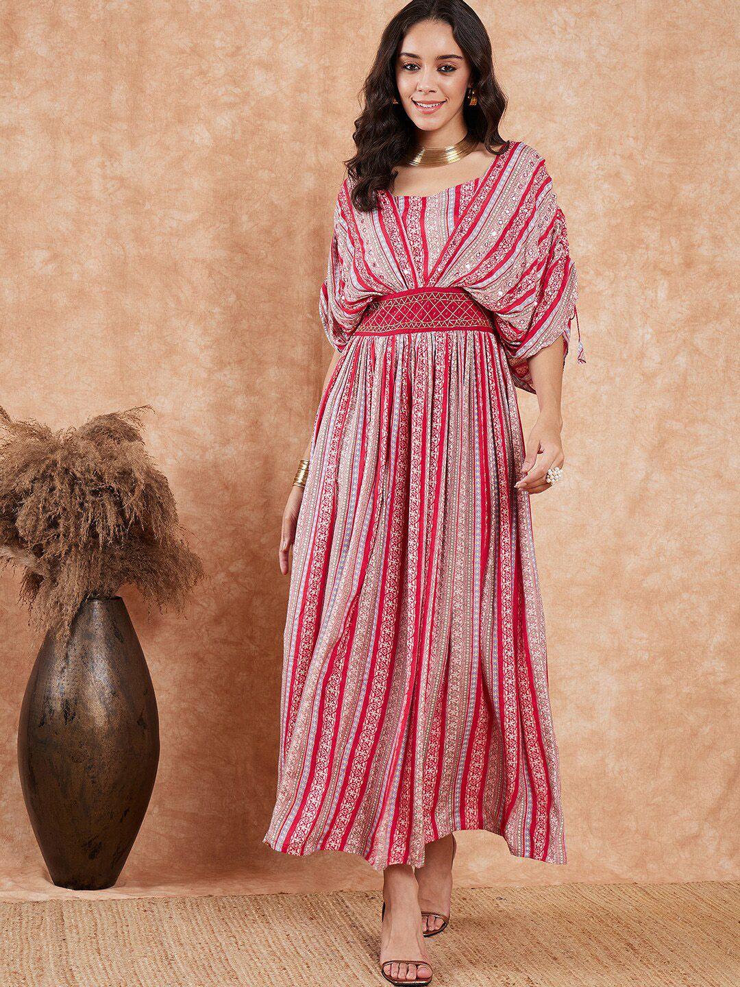 sangria-ethnic-motifs-printed-ruched-extended-sleeve-&-embroidered-maxi-dress
