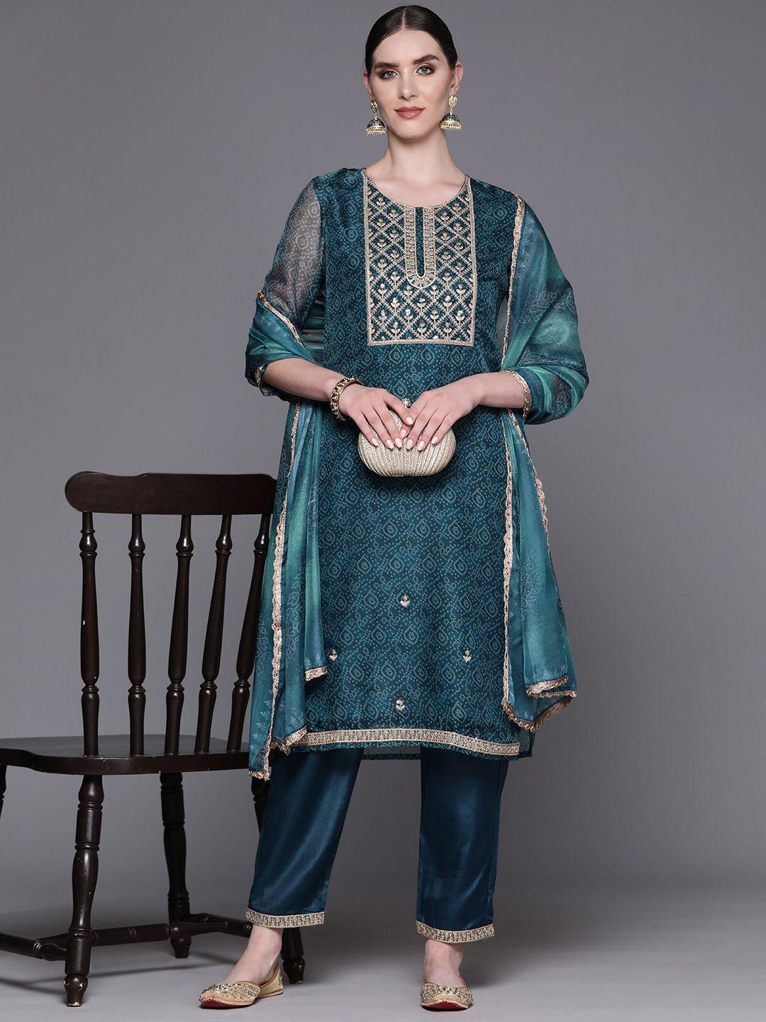 indo-era-women-bandhani-printed-regular-thread-work-kurta-with-trousers-&-with-dupatta