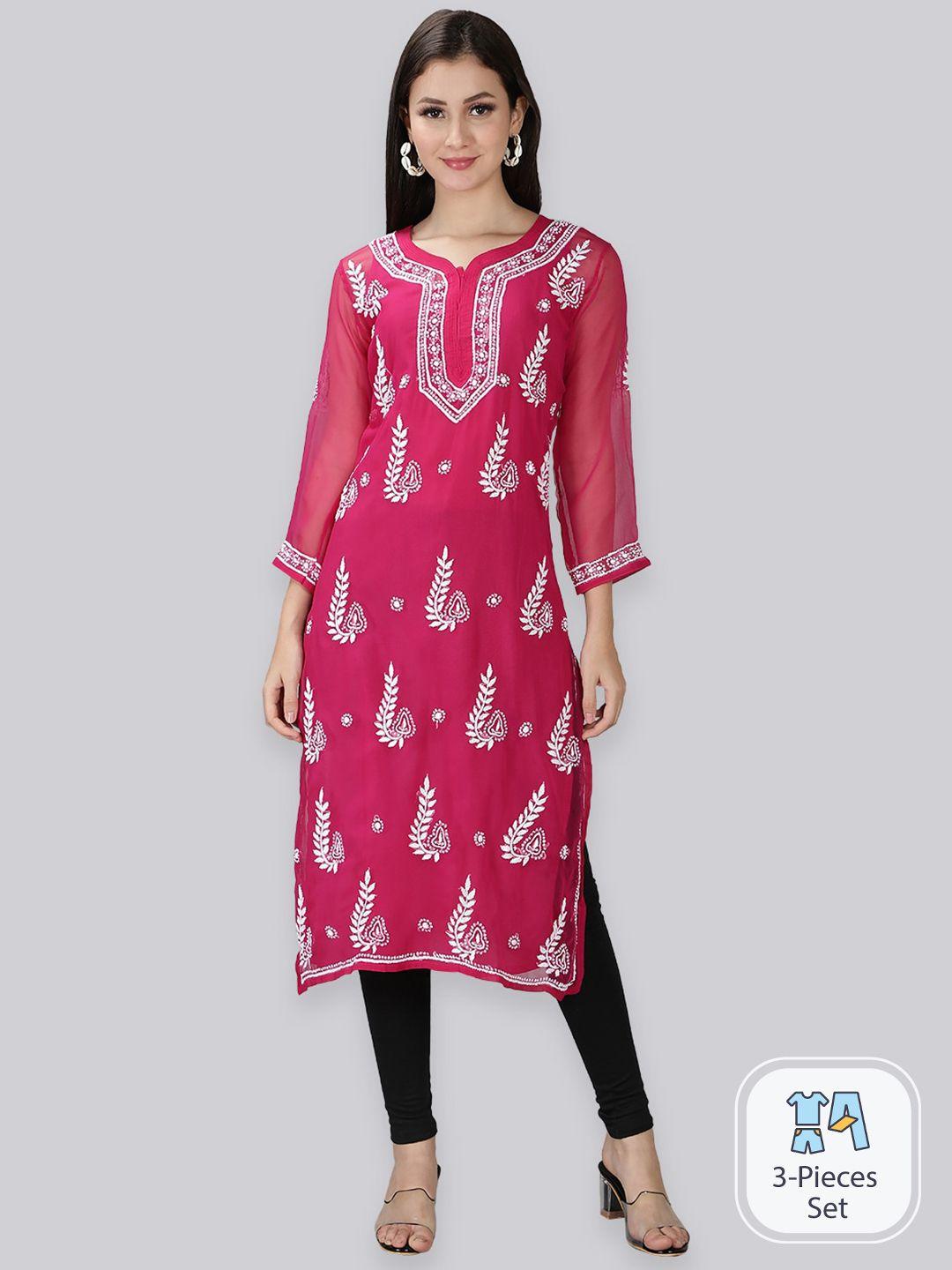 seva-chikan-women-magenta-ethnic-motifs-yoke-design-flared-sleeves-chikankari-handloom-georgette-kurta