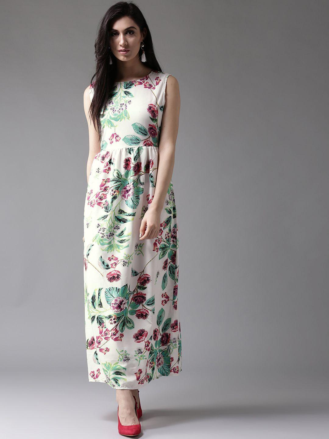 here&now-women-white-&-green-floral-print-maxi-dress