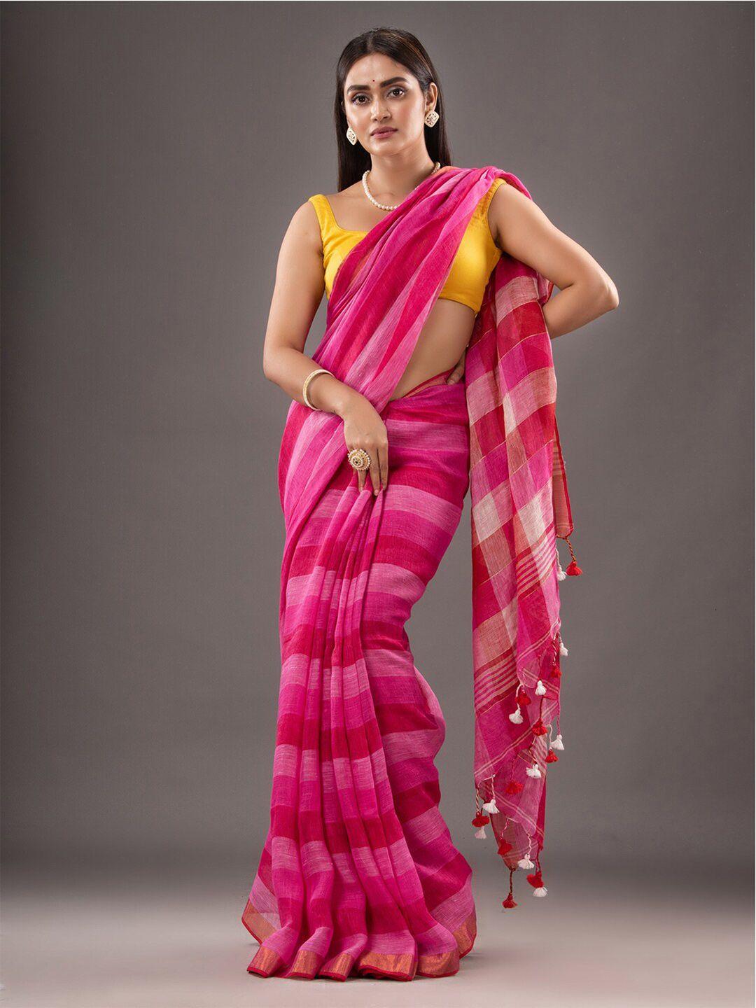 mitera-pink-&-white-checked-zari-pure-linen-saree
