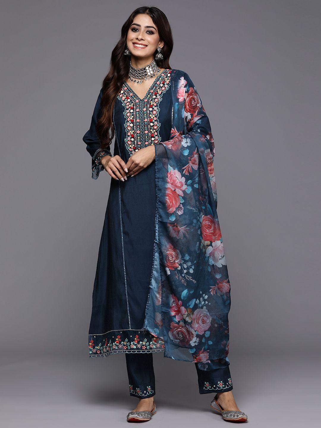 indo-era-women-floral-embroidered-panelled-thread-work-kurta-with-trousers-&-with-dupatta