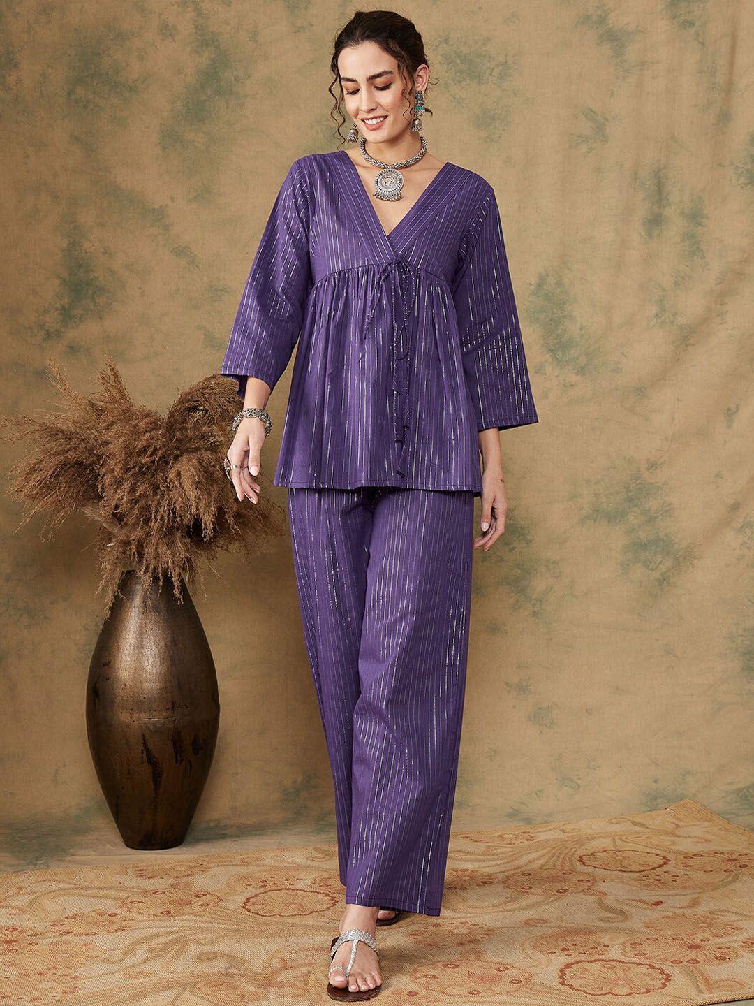 inweave-striped-v-neck-three-quarter-sleeves-a-line-with-trouser