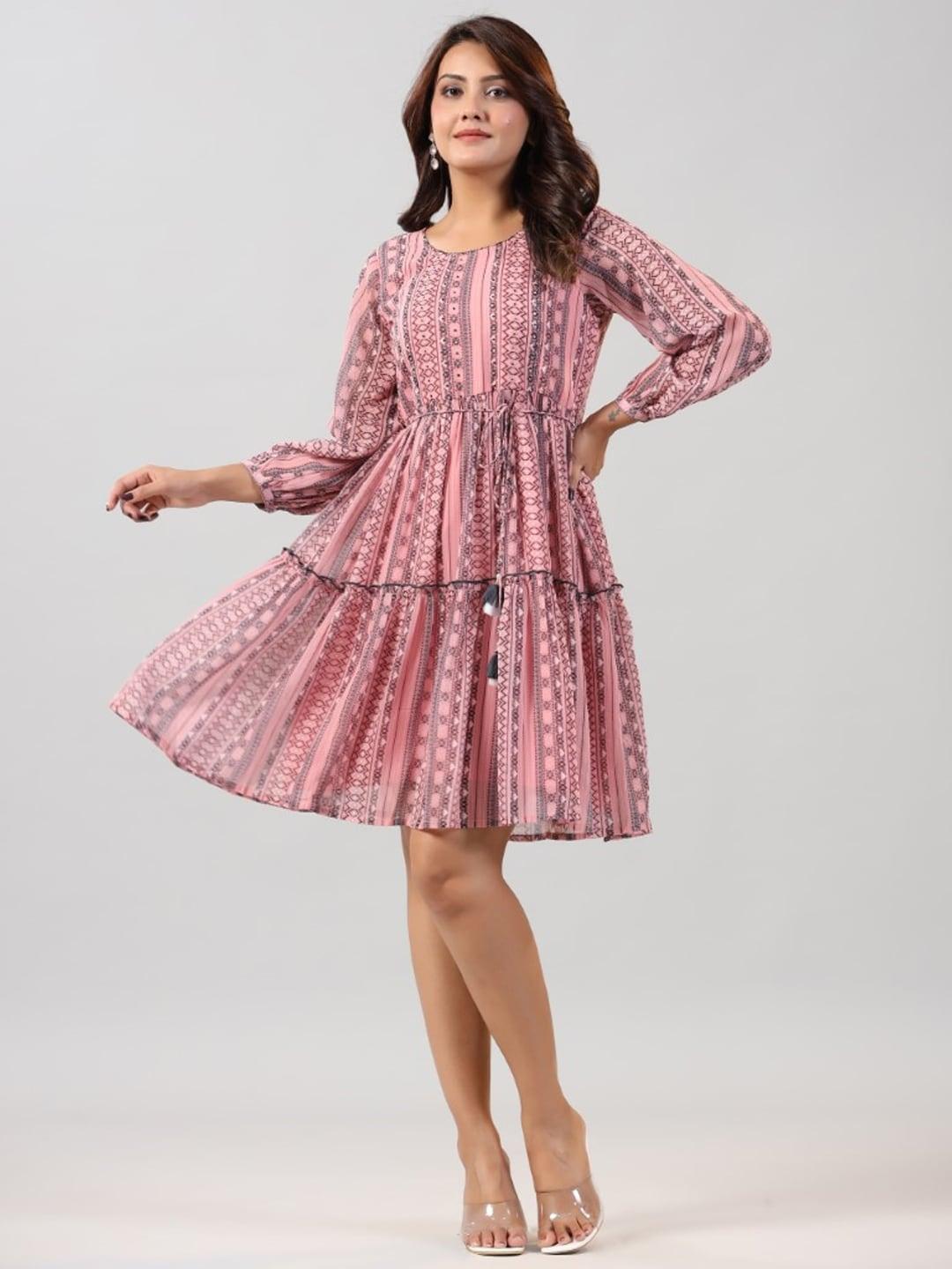 juniper-geometric-printed-puff-sleeves-sequined-tiered-fit-&-flare-dress