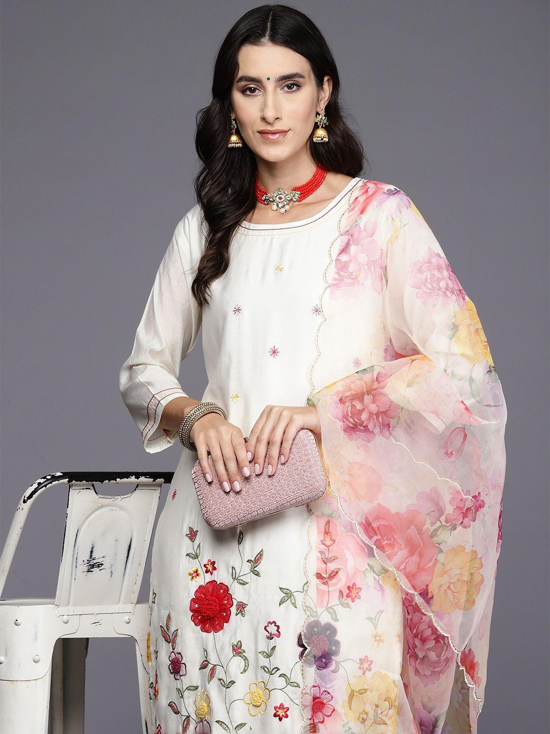 indo-era-women-floral-embroidered-regular-thread-work-kurta-with-trousers-&-with-dupatta