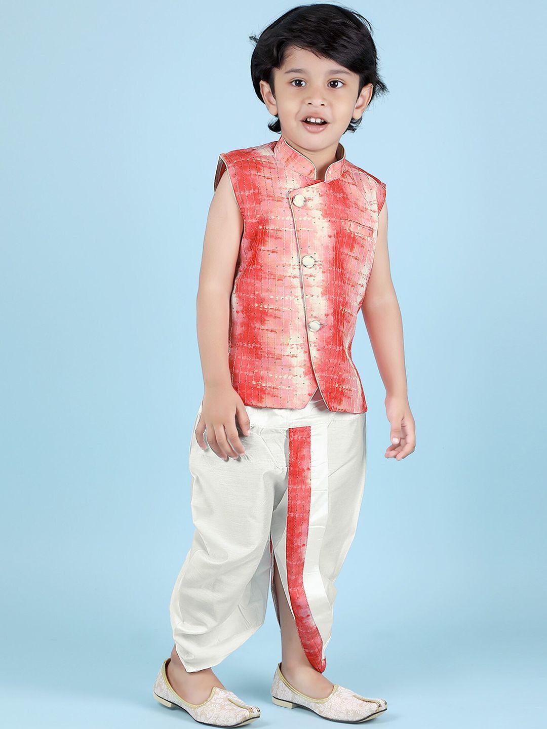 kids-farm-boys-tie-&-dye-printed-sequinned-pure-silk-angrakha-kurta-with-dhoti-pants