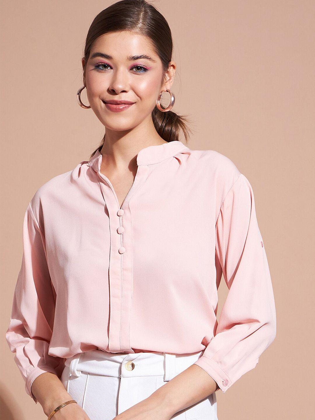 dressberry-pink-mandarin-collar-cuffed-sleeves-shirt-style-top