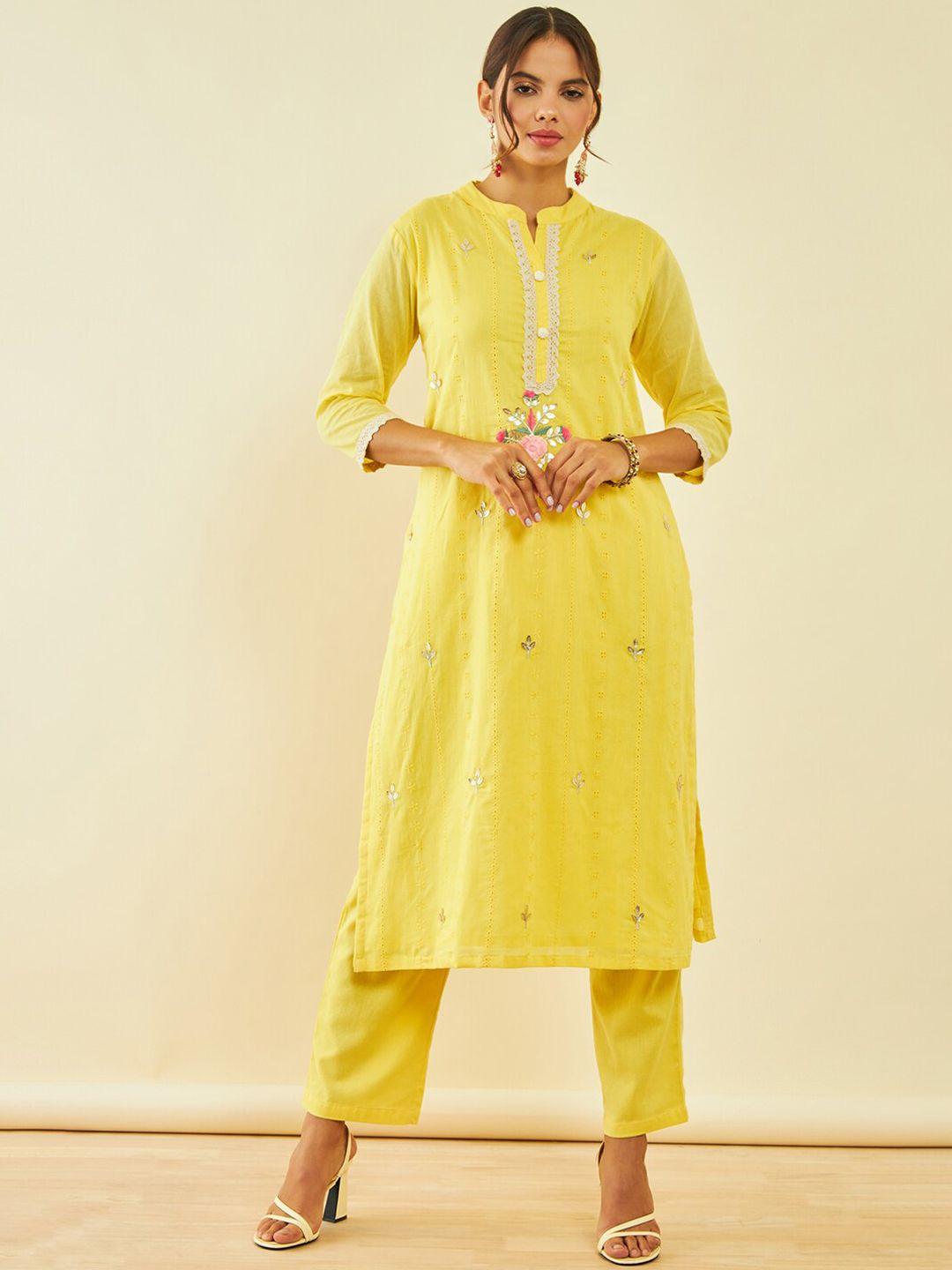 soch-floral-embroidered-regular-mirror-work-pure-cotton-kurta-with-trousers-&-dupatta