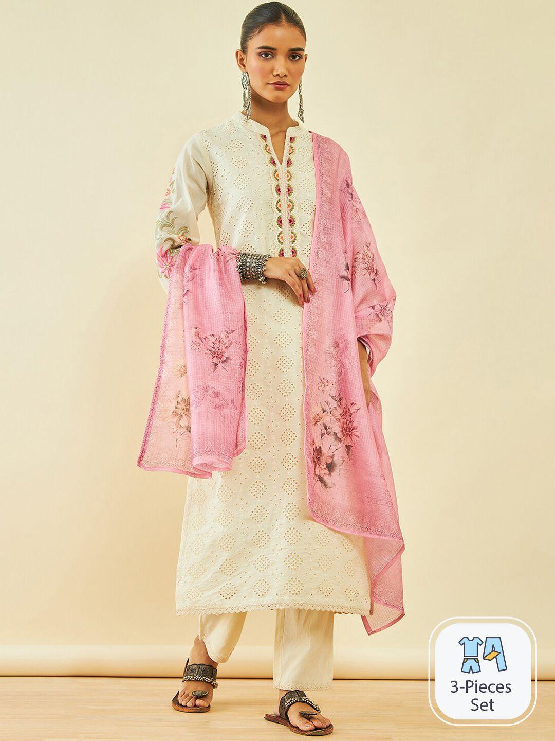 soch-floral-embroidered-band-collar-regular-sequinned-kurta-with-trousers-&-dupatta