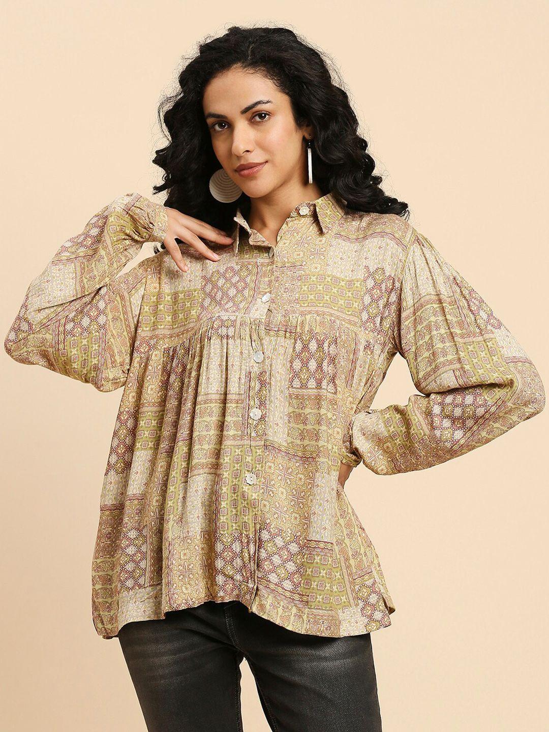 gufrina-ethnic-motif-printed-shirt-collar-gathered-&-pleated-shirt-style-top