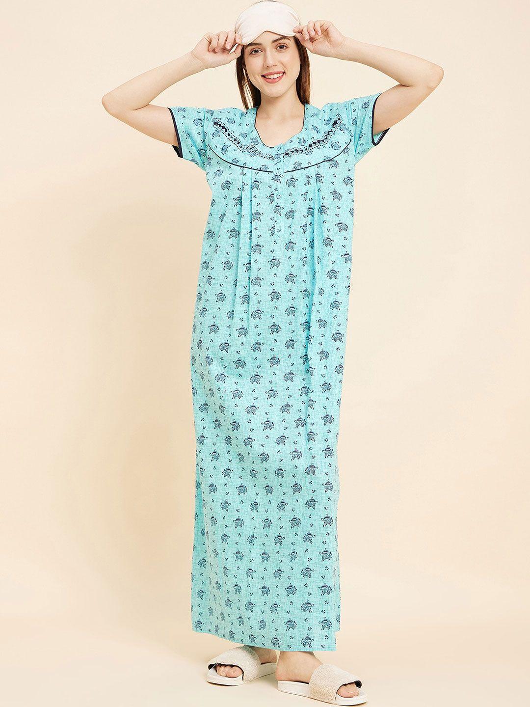 sweet-dreams-turquoise-blue-printed-cotton-maxi-nightdress