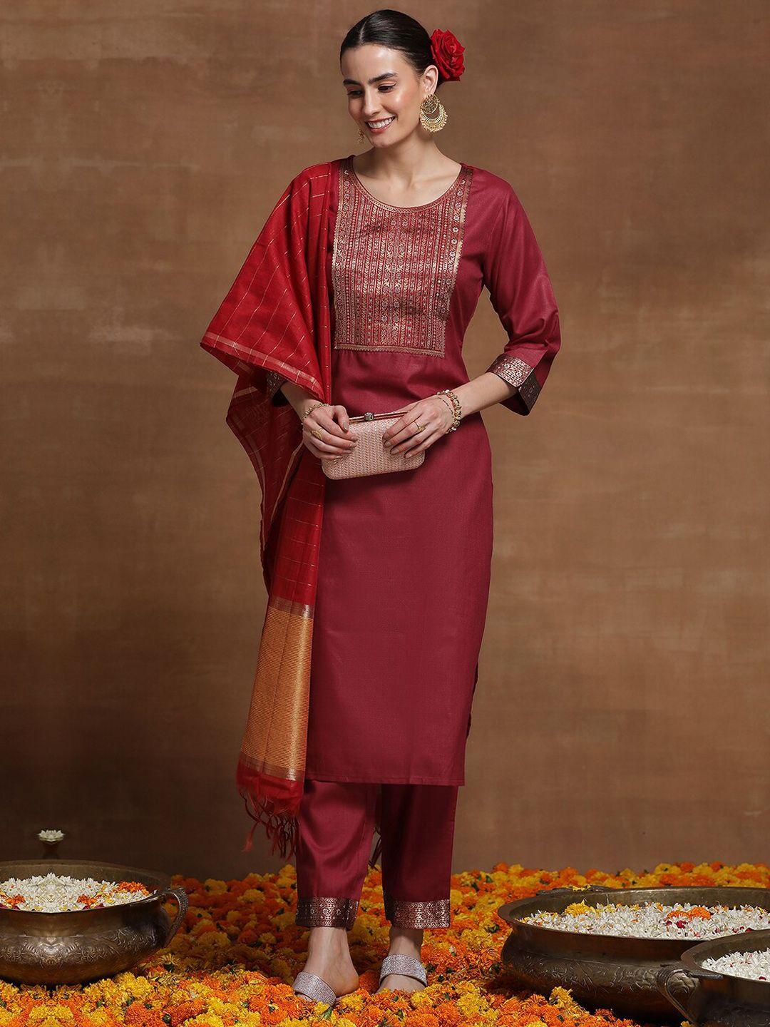 indo-era-maroon-floral-woven-design-zari-regular-straight-kurta-&-palazzos-with-dupatta
