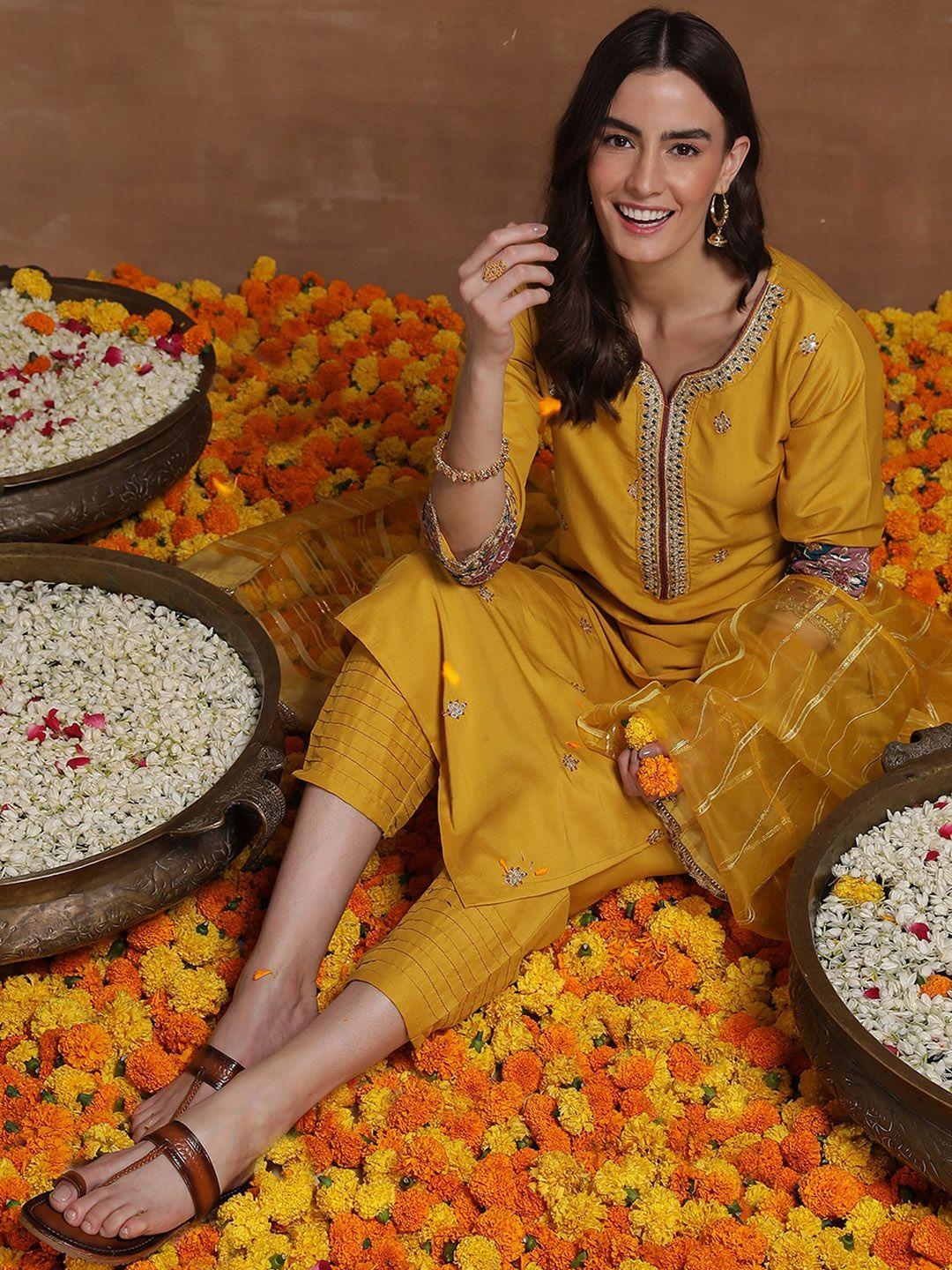 indo-era-yellow-floral-embroidered-sequinned-straight-kurta-&-trousers-with-dupatta