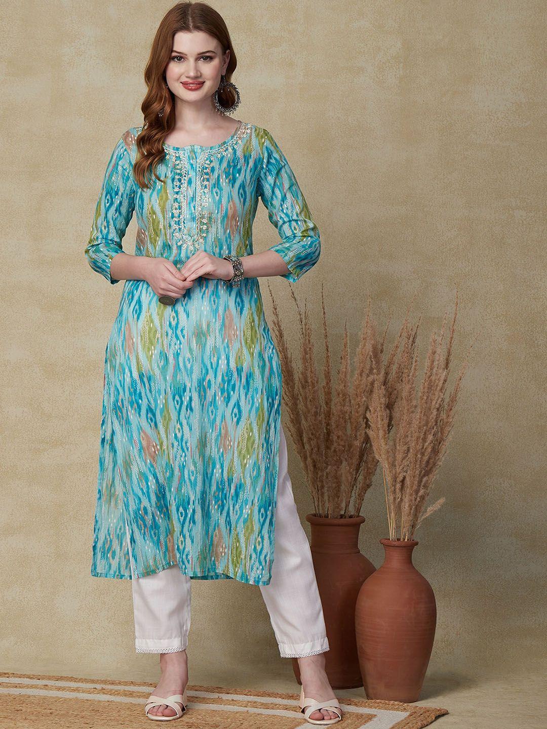 fashor-blue-ethnic-motif-printed-thread-work-pure-cotton-straight-kurta-with-trousers