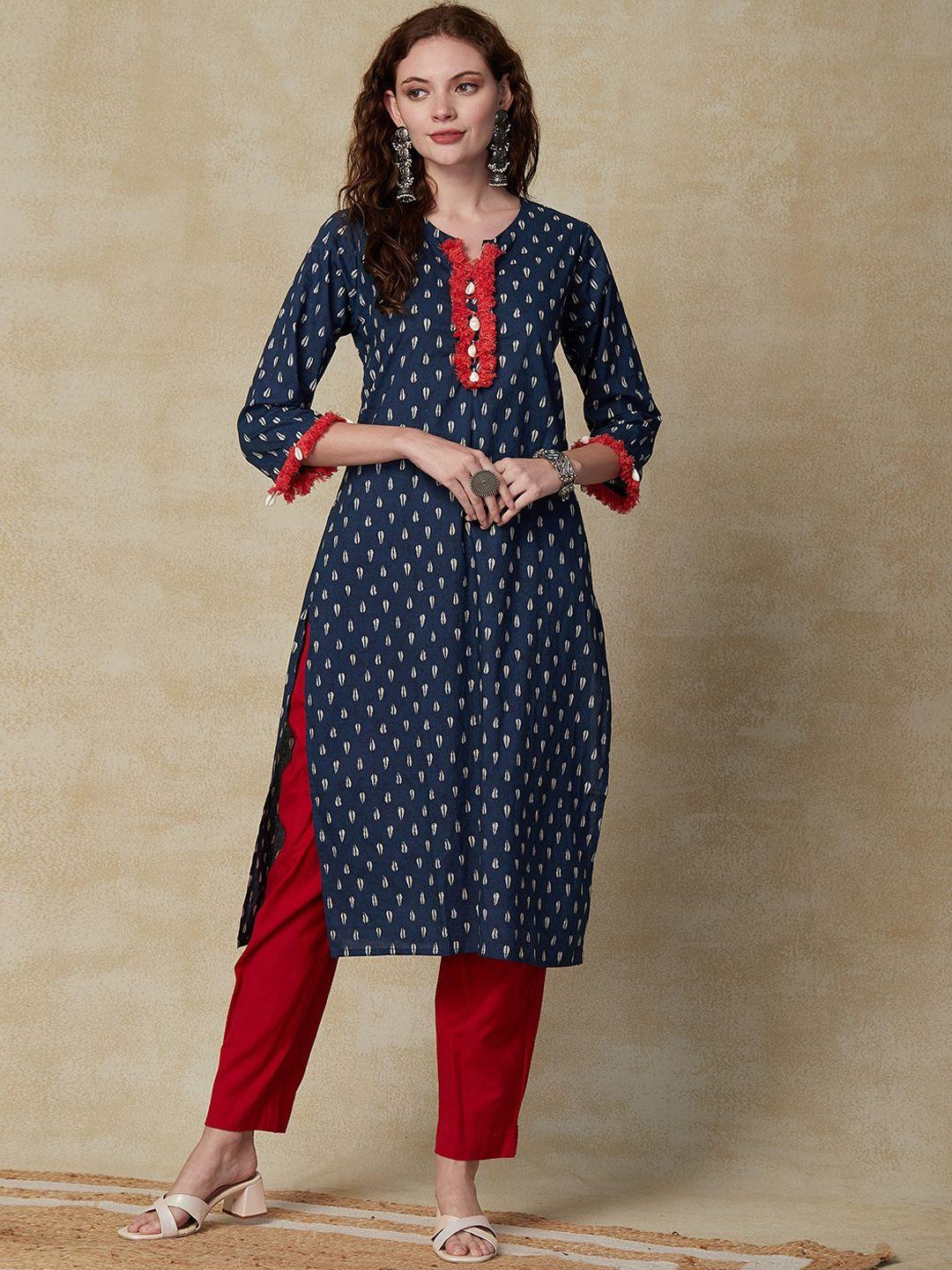 fashor-navy-blue-abstract-printed-a-line-kurta-with-tassels
