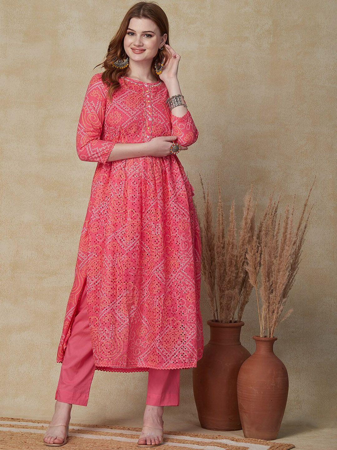 fashor-pink-bandhani-printed-beads-and-stones-pure-cotton-pleated-straight-kurta-set
