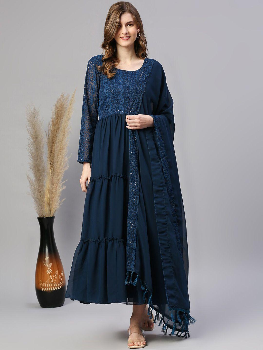 black-scissor-embroidered-ruffled-tiered-fit-&-flared-georgette-ethnic-dress-with-dupatta