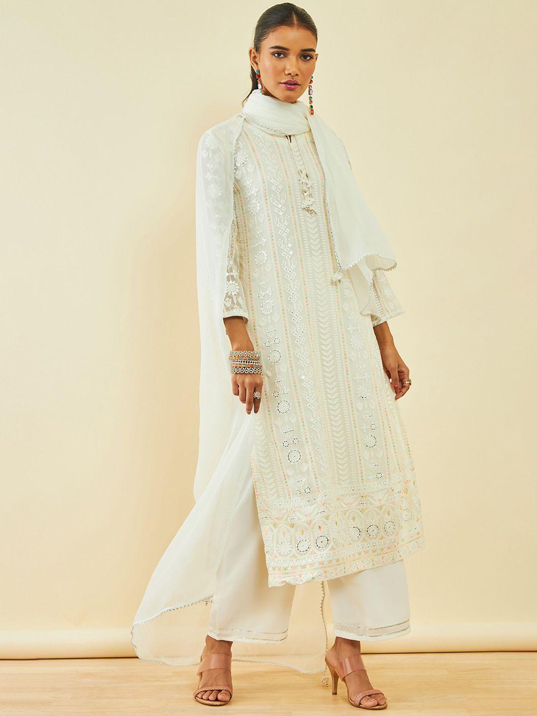 soch-off-white-floral-embroidered-georgette-sequinned-kurta-with-palazzos-&-with-dupatta