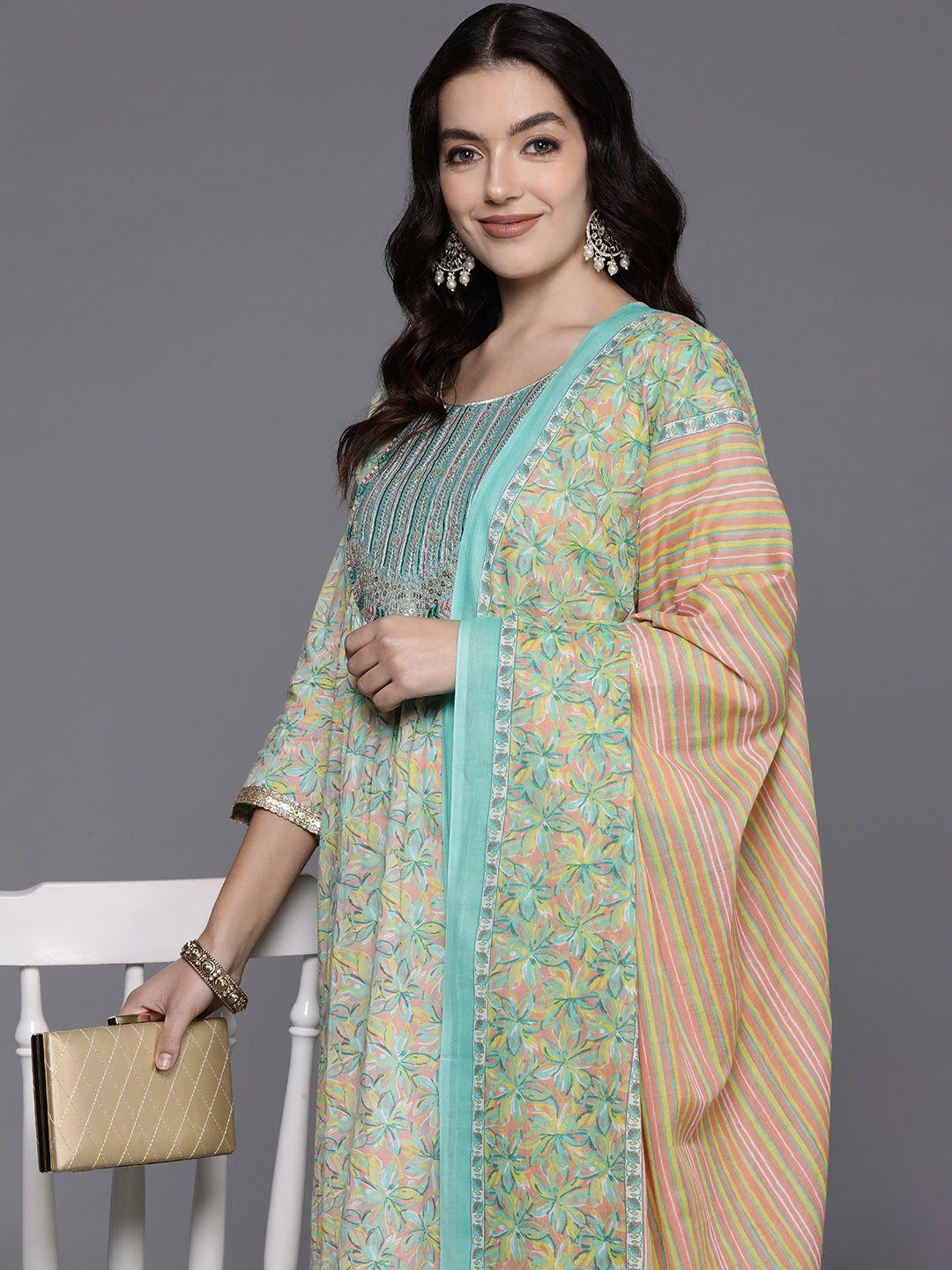 indo-era-floral-embroidered-sequinned-pure-cotton-kurta-with-trousers-&-dupatta