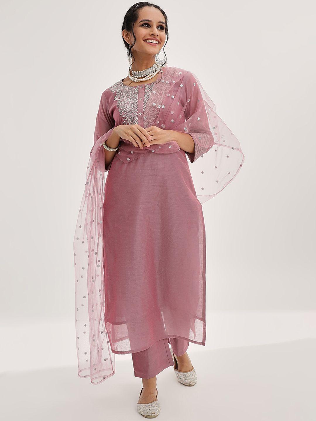 varanga-floral-embroidered-regular-kurta-with-trousers-&-with-dupatta