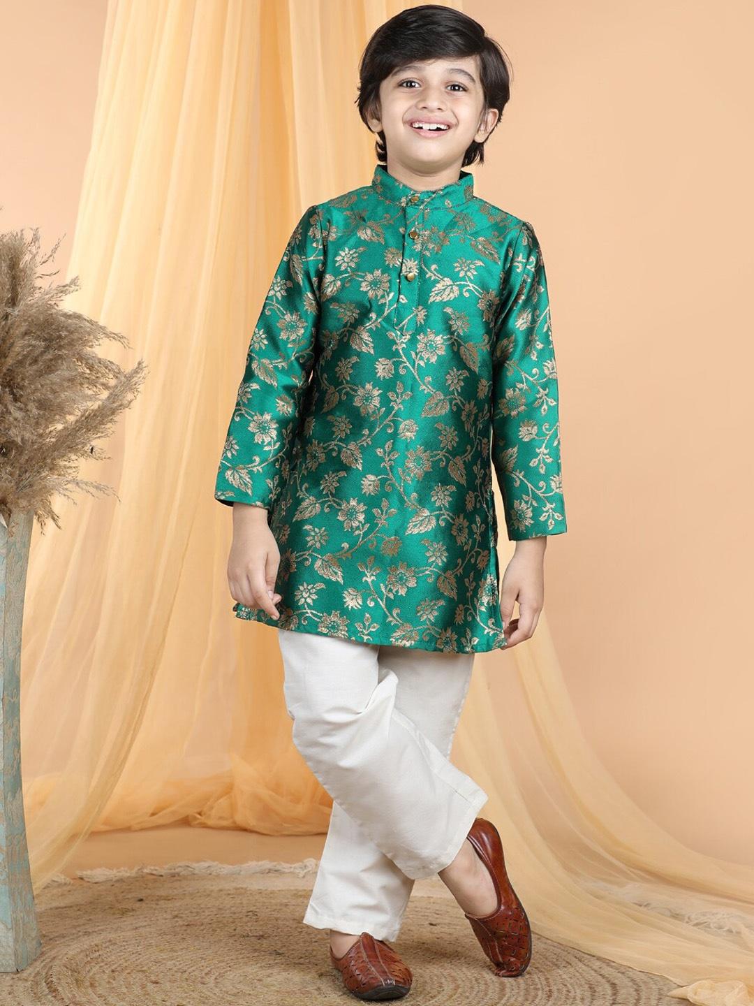 cutiekins-boys-ethnic-motifs-woven-design-mandarin-collar-regular-brocade-kurta-&-pyjamas