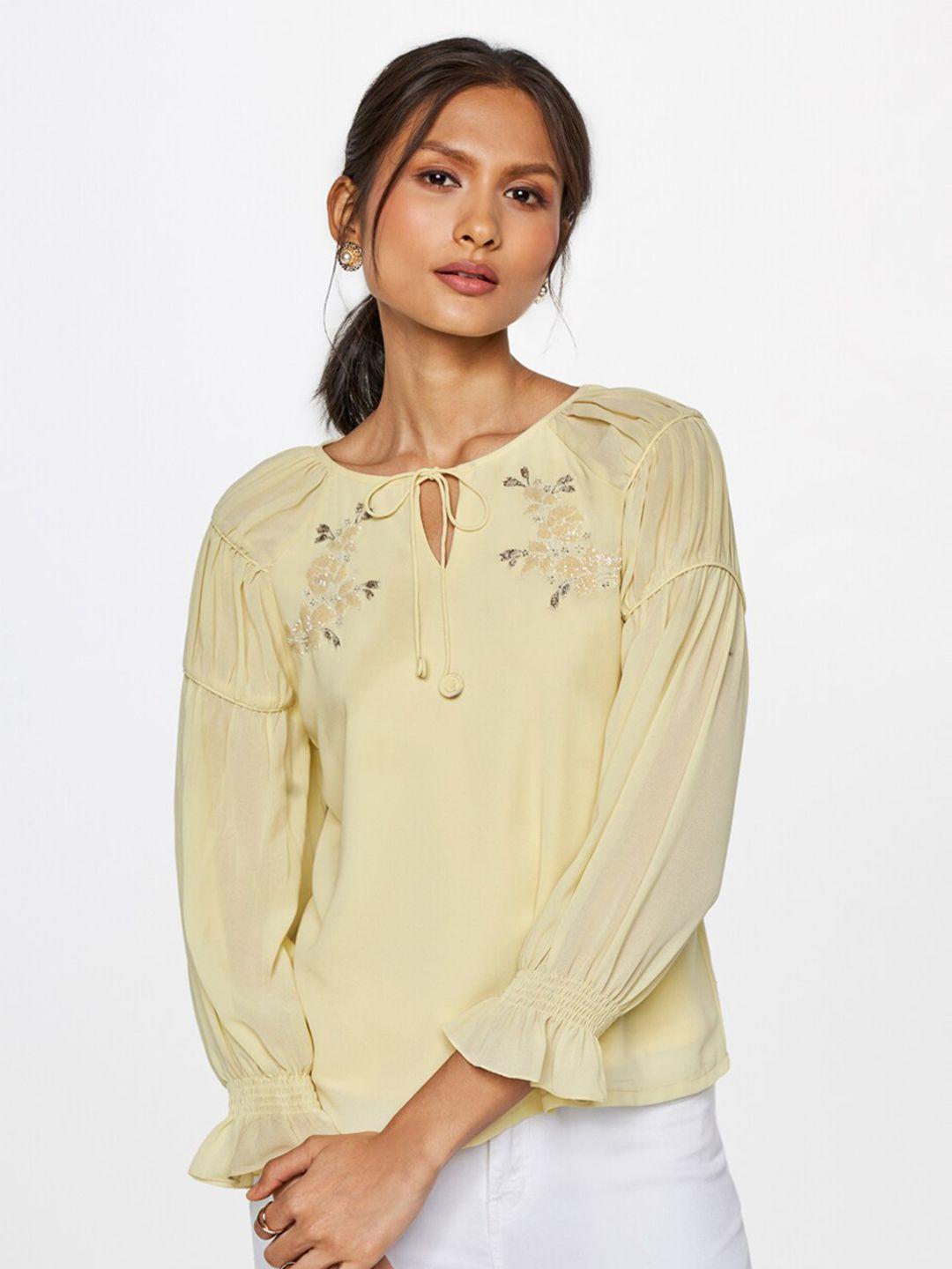 and-embellished-tie-up-neck-smocked-puff-sleeves-top