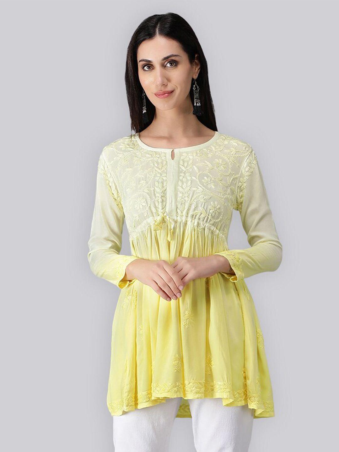 seva-chikan-yellow-&-white-ethnic-motifs-embroidered-chikankari-handloom-chikankari-kurti