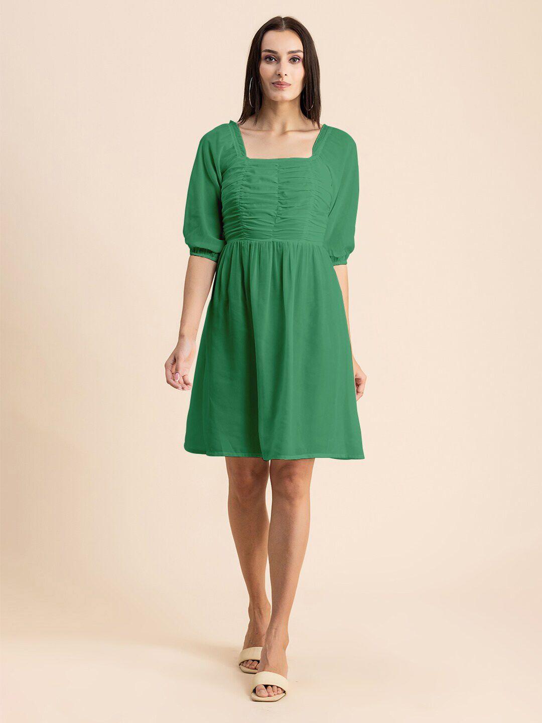 moomaya-green-puff-sleeve-fit-&-flare-dress