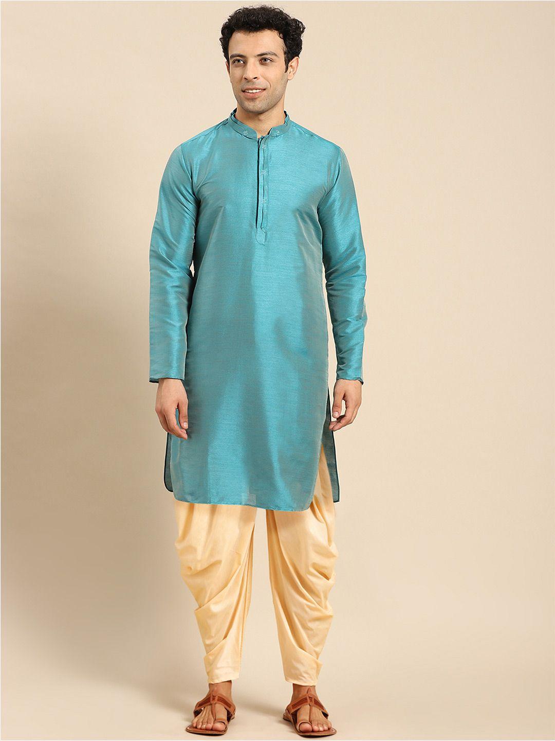 anouk-teal-blue-mandarin-collar-long-sleeves-straight-kurta-&-dhoti-pant